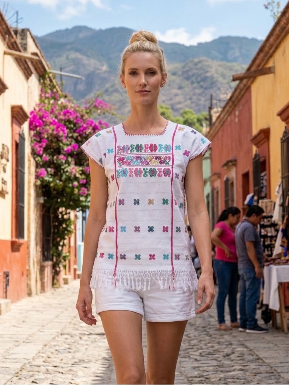 Mexican Women's Amuzgo Top Blouse Huipil Tunic Flowers Design, Bohemian Vintage